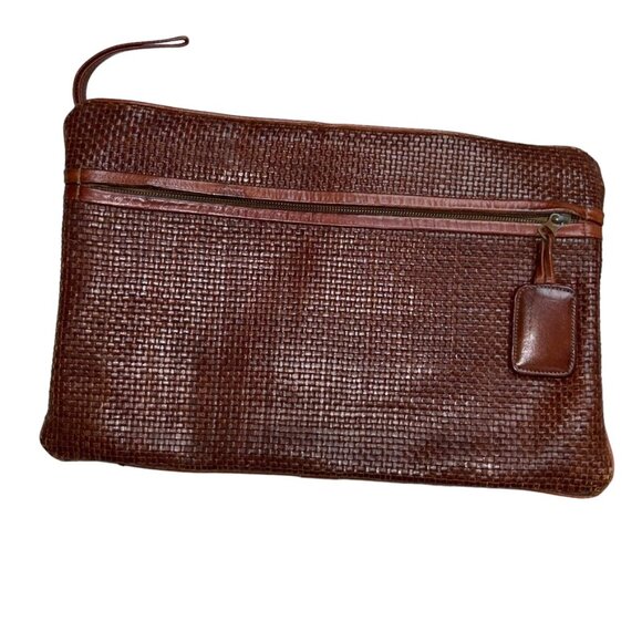 vintage brown 100% Genuine woven leather 2 pocket all basket weave clutc… - Picture 7 of 7